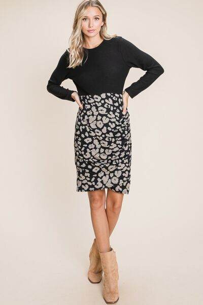 BOMBOM Leopard Color Block Knit Dress - Hovatok