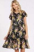 Mittoshop Flower Print Round Neck Flutter Sleeve Tiered Dress - Hovatok