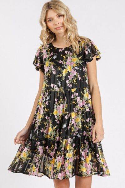 Mittoshop Flower Print Round Neck Flutter Sleeve Tiered Dress - Hovatok