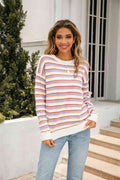Angel Wings Striped Round Neck Dropped Shoulder Knit Top - Hovatok