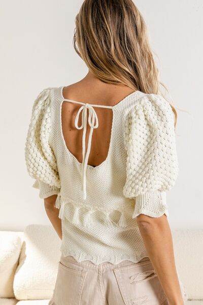 BiBi Tassel Detail Textured Square Neck Sweater - Hovatok