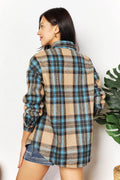 Double Take Plaid Curved Hem Shirt Jacket with Breast Pockets - Hovatok
