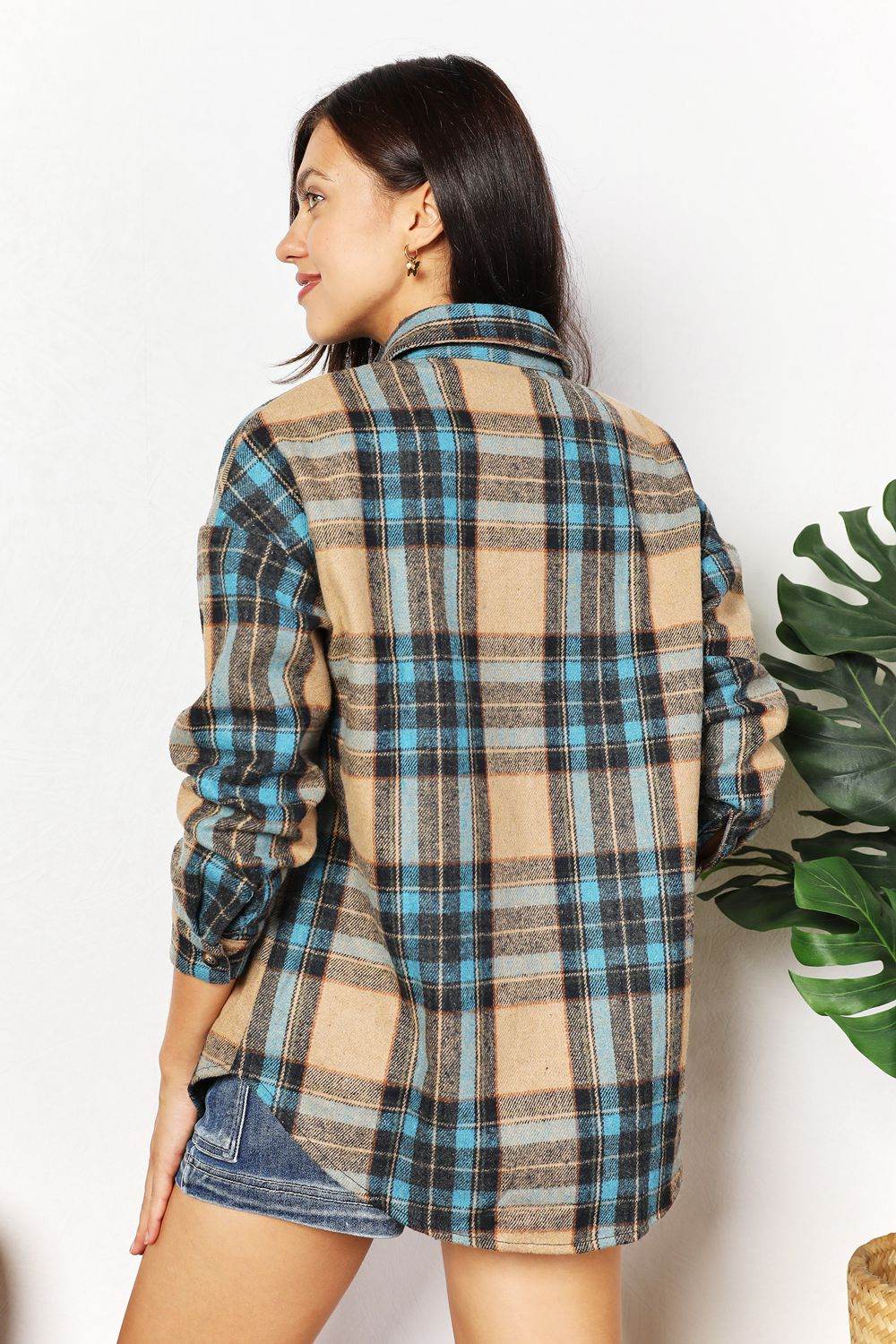 Double Take Plaid Curved Hem Shirt Jacket with Breast Pockets - Hovatok
