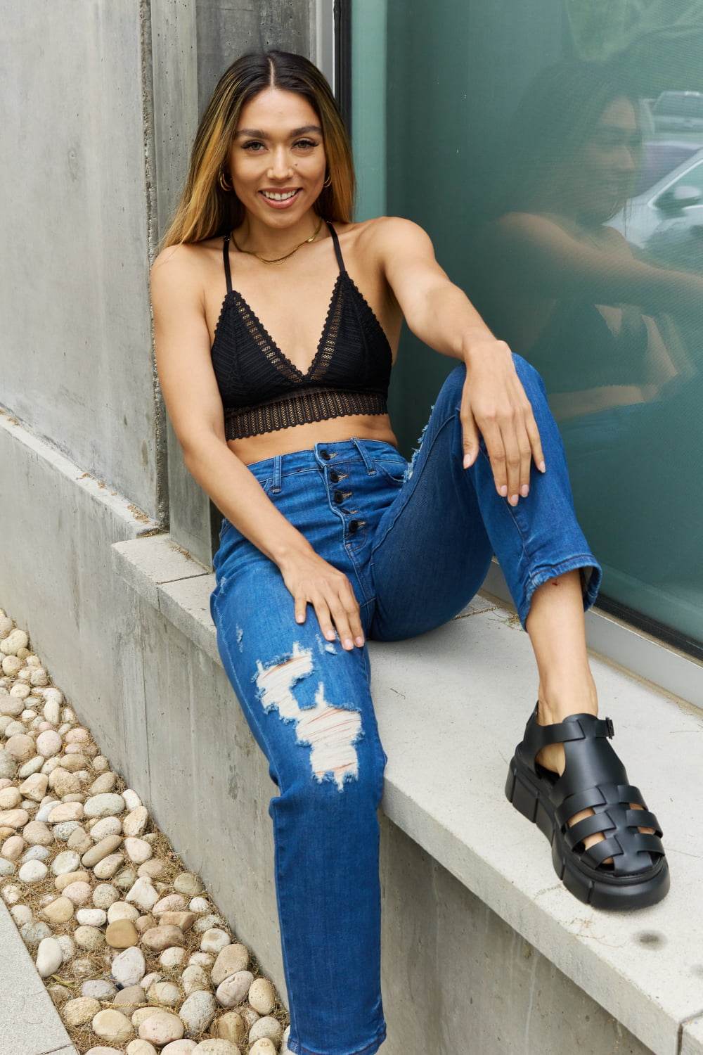 Leto Ribbed Lace Boho Racerback Bralette in Black - Hovatok