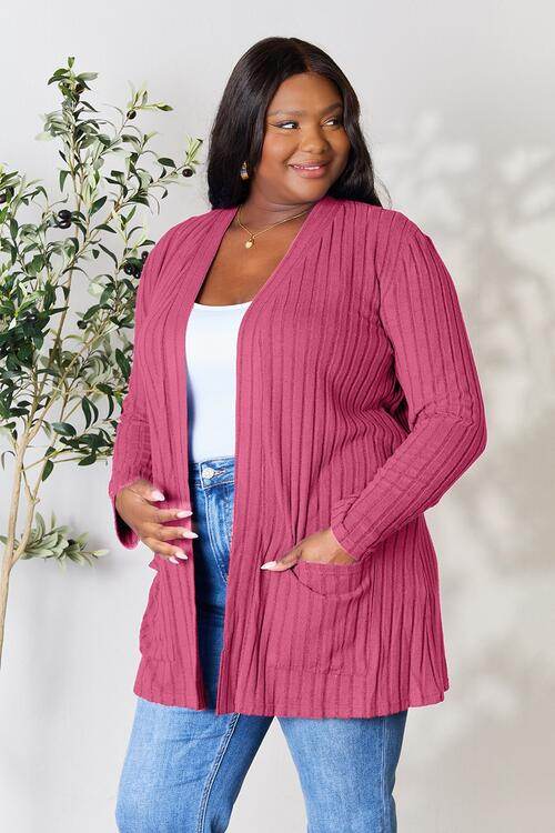 Basic Bae Full Size Ribbed Open Front Cardigan with Pockets - Hovatok