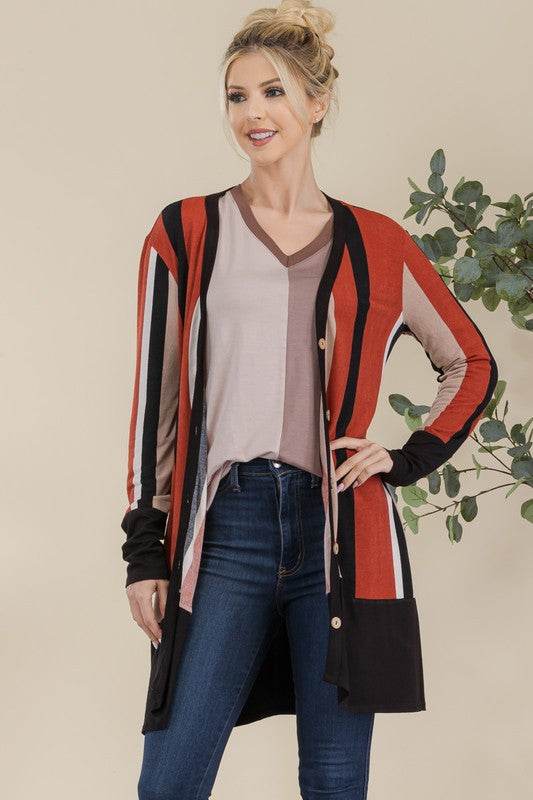 Celeste Full Size Striped Button Up Long Sleeve Cardigan Plus Size - Hovatok