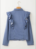 Ruffled Collared Neck Long Sleeve Denim Top - Hovatok