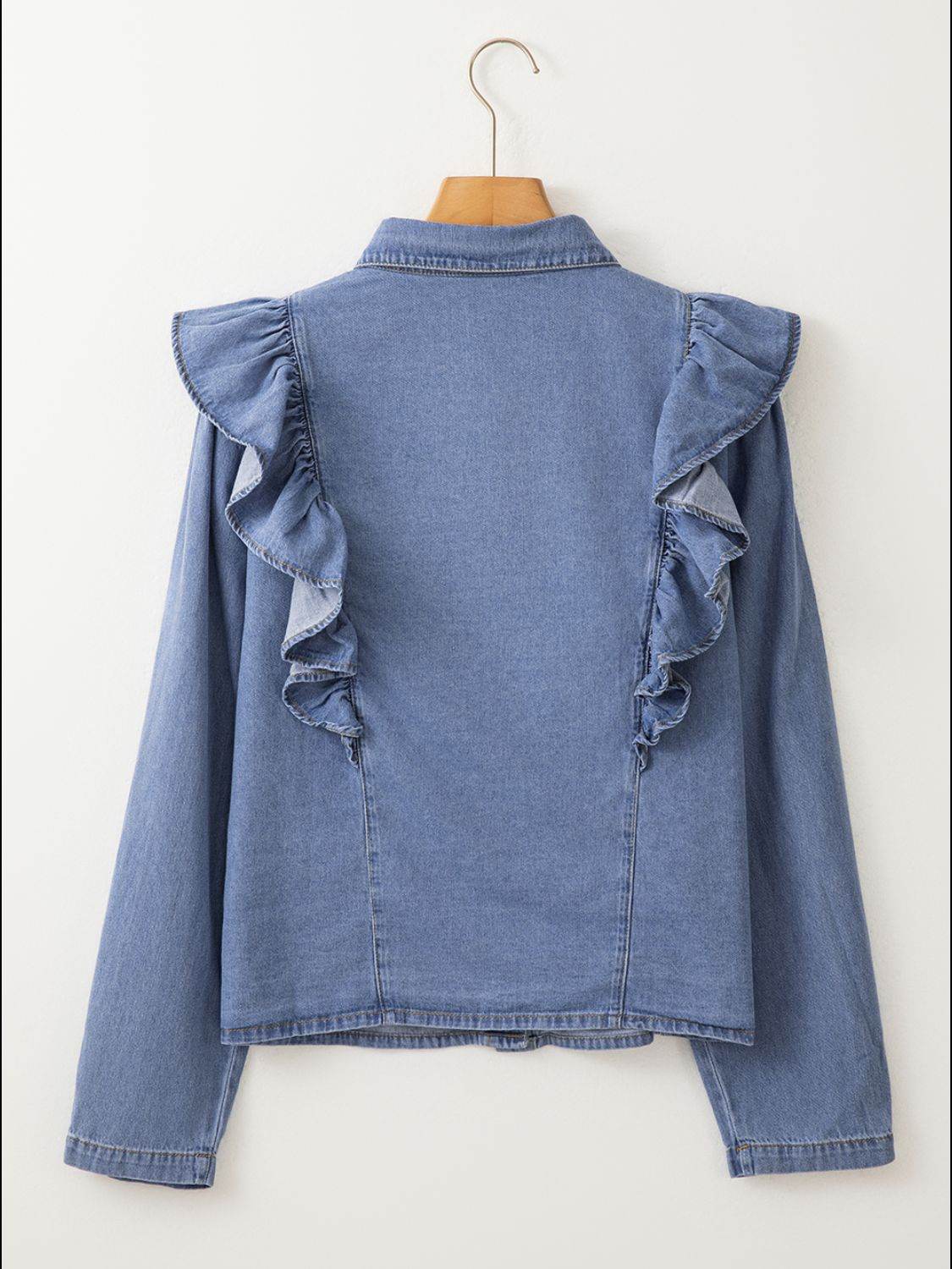 Ruffled Collared Neck Long Sleeve Denim Top - Hovatok