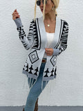 Shiny Geometric Fringe Hem Open Front Cardigan - Hovatok