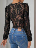 Perfee Tied Lace Long Sleeve Bodysuit - Hovatok