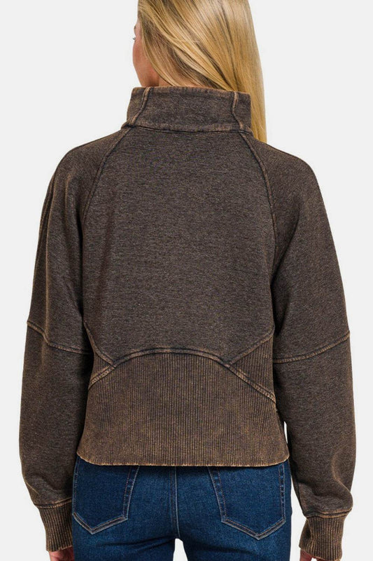 Zenana Acid Washed Half Zip Fleece Sweatshirt - Hovatok