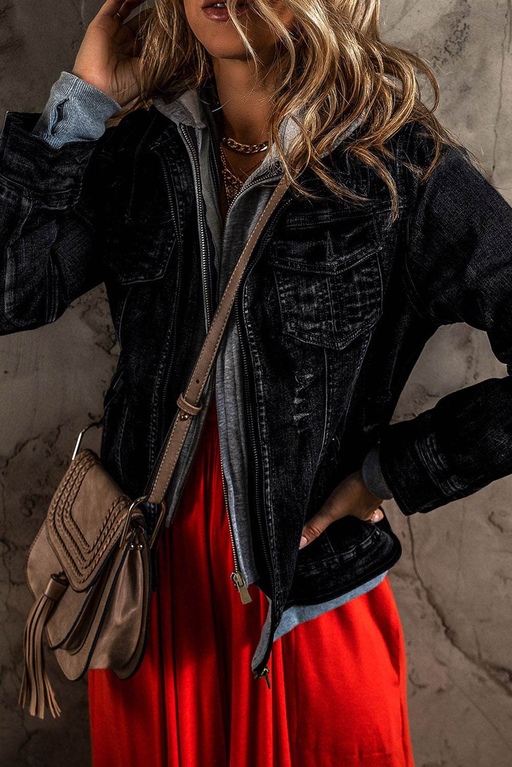 Fake Two-Piece Hooded Zip-Up Denim Jacket - Hovatok