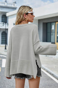 High-Low Slit Round Neck Long Sleeve Sweater - Hovatok