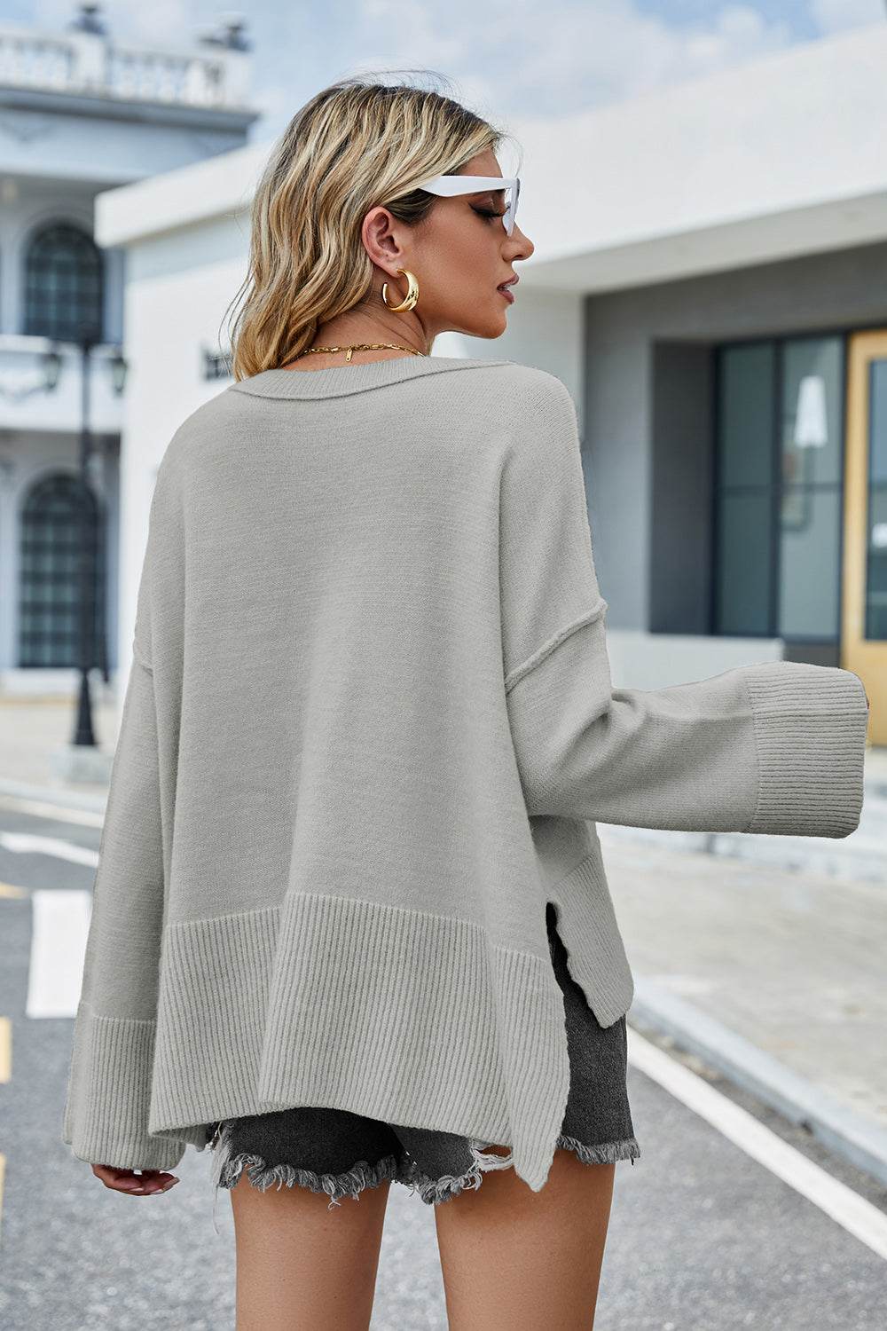 High-Low Slit Round Neck Long Sleeve Sweater - Hovatok