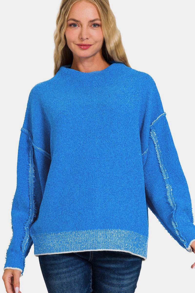 Zenana Exposed Seam Mock Neck Long Sleeve Sweater - Hovatok
