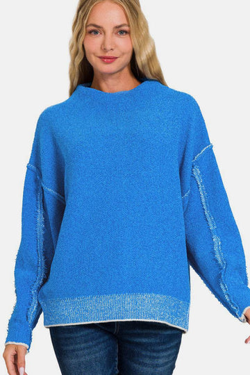Zenana Exposed Seam Mock Neck Long Sleeve Sweater - Hovatok