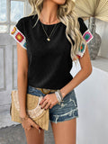 Devine Swiss Dot Round Neck Crochet Short Sleeve Top - Hovatok