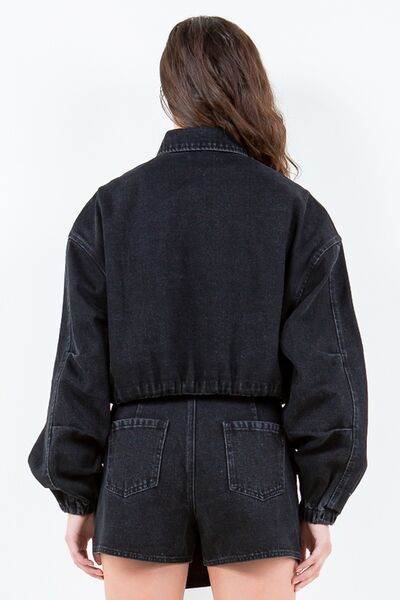 American Bazi Drawstring Waist Crop Denim Jacket - Hovatok