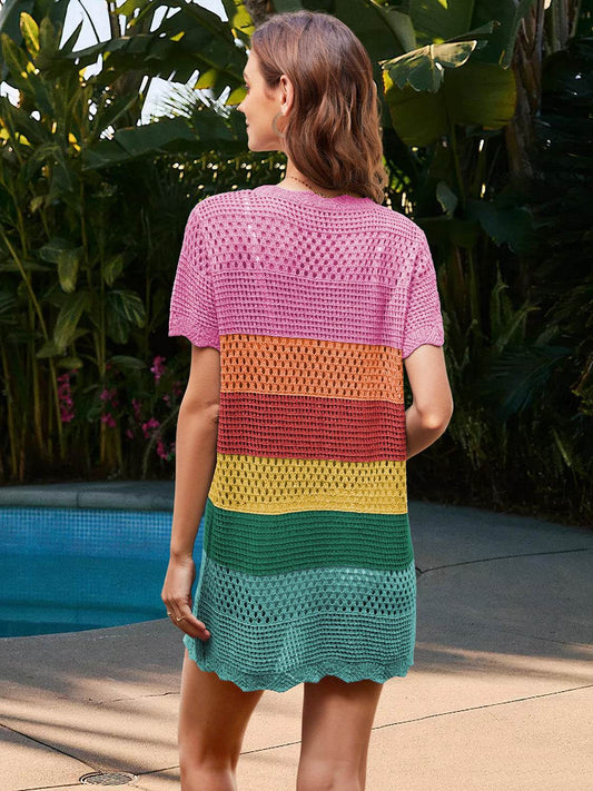 Openwork Round Neck Short Sleeve Cover-UP - Hovatok