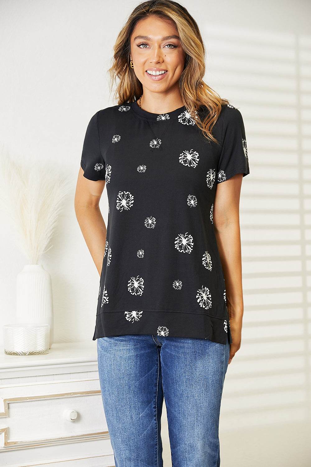 Double Take Dandelion Print Round Neck T-Shirt - Hovatok