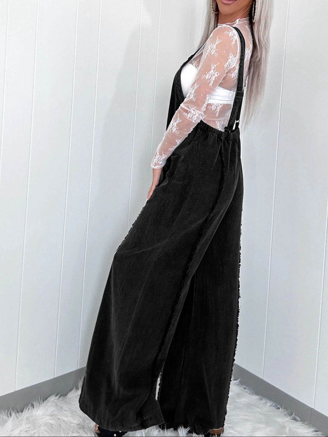 Washed Square Neck Wide Leg Denim Overalls - Hovatok