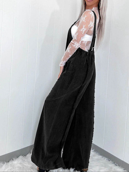 Washed Square Neck Wide Leg Denim Overalls - Hovatok