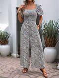 Perfee Ditsy Floral Smocked Square Neck Puff Sleeve Jumpsuit - Hovatok