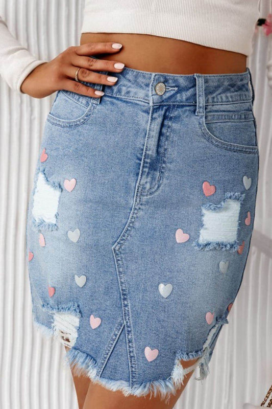 Distressed Raw Hem Heart Denim Skirt - Hovatok
