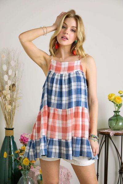 ADORA Plaid Tiered Babydoll Cami - Hovatok
