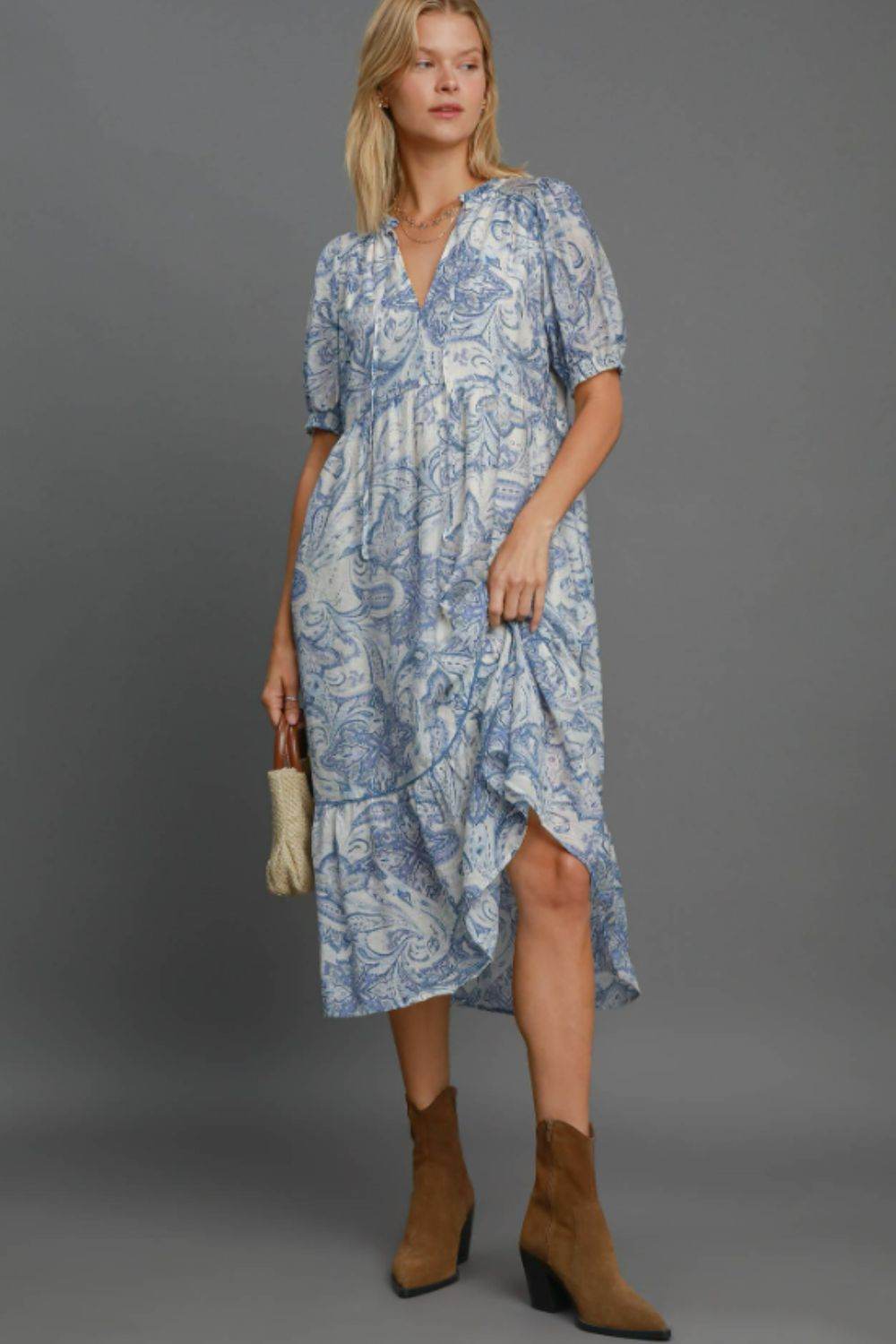 Umgee Full Size Printed Puff Short Sleeve Midi Dress Plus Size - Hovatok