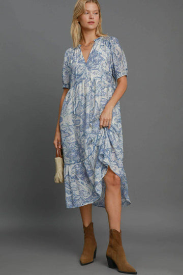 Umgee Full Size Printed Puff Short Sleeve Midi Dress Plus Size - Hovatok