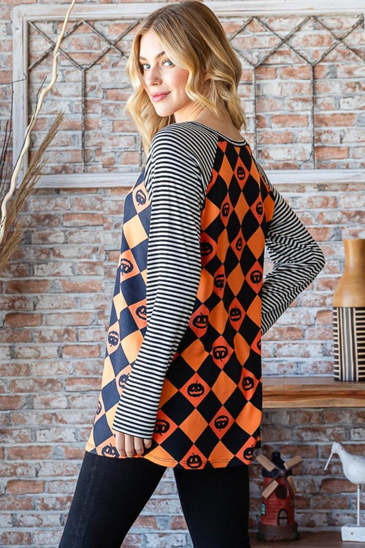 Heimish Full Size Checkered Contrast Striped Long Sleeve T-Shirt - Hovatok