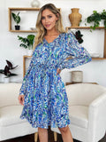 Double Take Full Size Printed Drawstring Waist Long Sleeve Dress - Hovatok