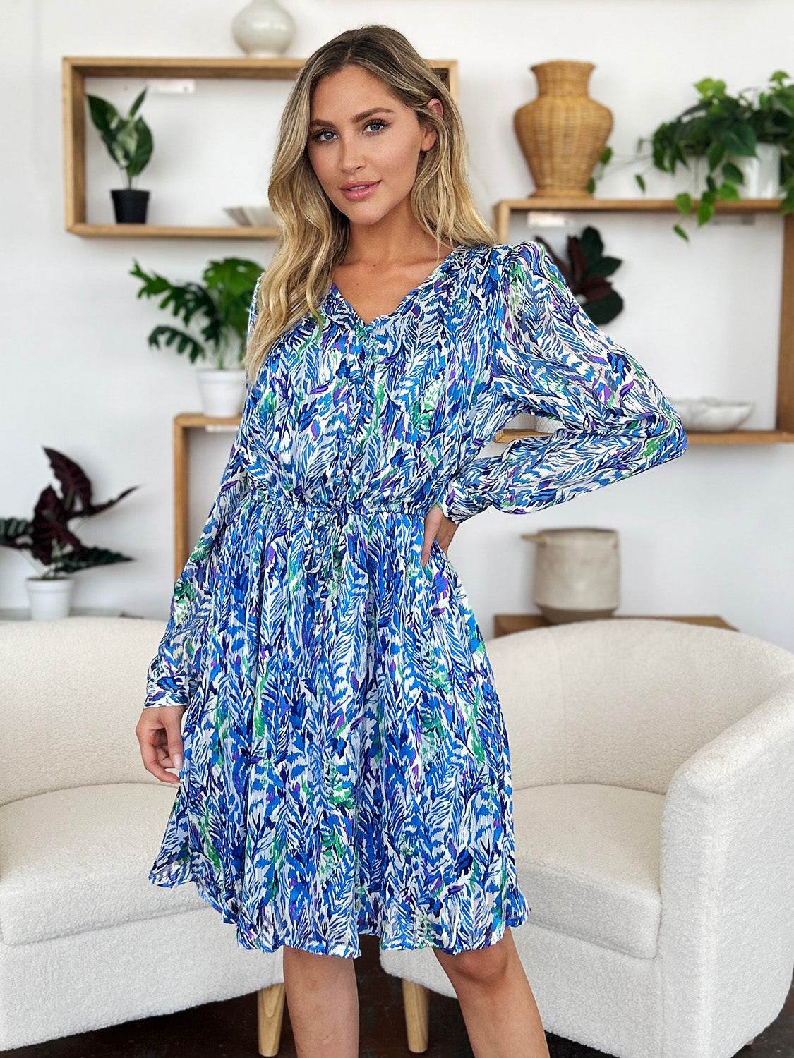 Double Take Full Size Printed Drawstring Waist Long Sleeve Dress - Hovatok