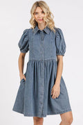 Mittoshop Button Down Puff Sleeve Denim Dress - Hovatok