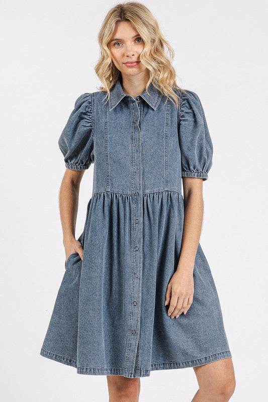 Mittoshop Button Down Puff Sleeve Denim Dress - Hovatok