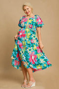 Umgee Full Size Tiered Floral Print Notched Puff Sleeve Midi Dress Plus Size - Hovatok