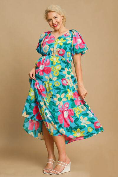 Umgee Full Size Tiered Floral Print Notched Puff Sleeve Midi Dress Plus Size - Hovatok