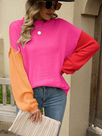 Angel Wings Color Block Dropped Shoulder Sweater - Hovatok