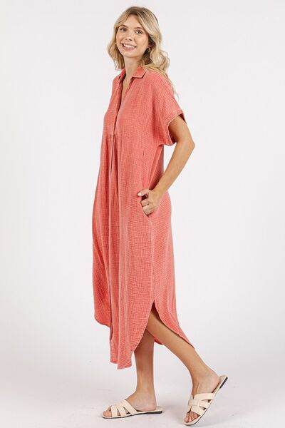 Mittoshop Mineral Wash V Neck Button Up Midi Shirt Dress - Hovatok