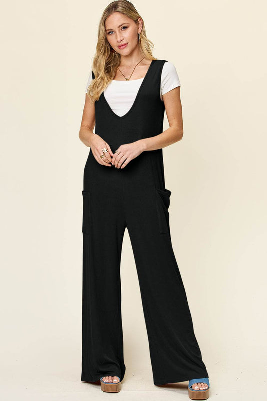 Double Take Full Size Sleeveless Wide Leg Jumpsuit with Pockets - Hovatok