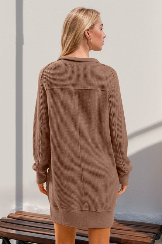 Double Take Waffle Long Sleeve Mini Dress with Pockets - Hovatok