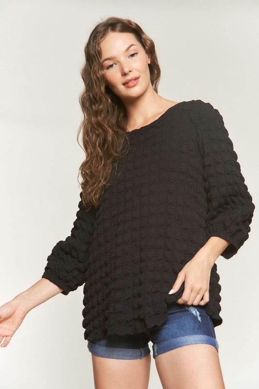 ADORA Bubble Texture Round Neck Blouse - Hovatok