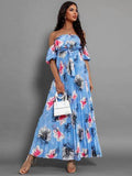 Pleated Floral Off-Shoulder Short Sleeve Midi Dress - Hovatok