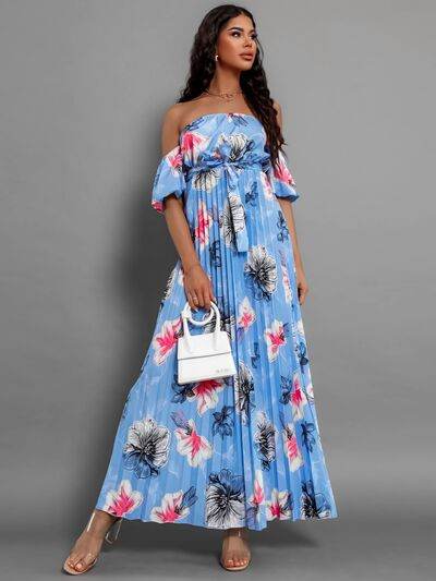 Pleated Floral Off-Shoulder Short Sleeve Midi Dress - Hovatok