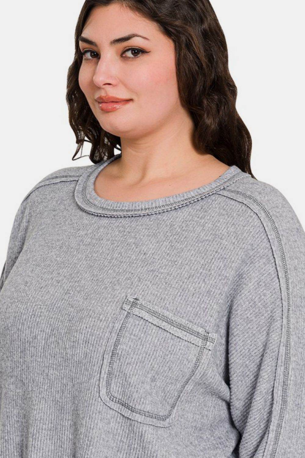 Zenana Full Size Contrast Stitching Brushed Ribbed Hacci Knit Top - Hovatok