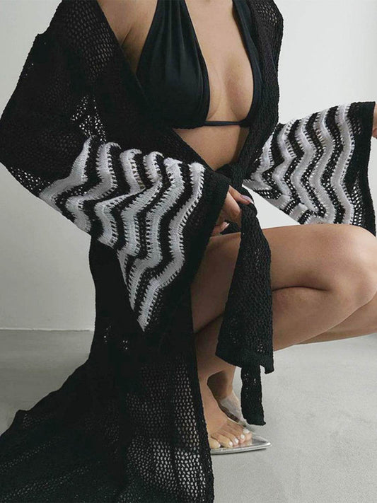 Openwork Striped Flare Sleeve Cover-Up - Hovatok