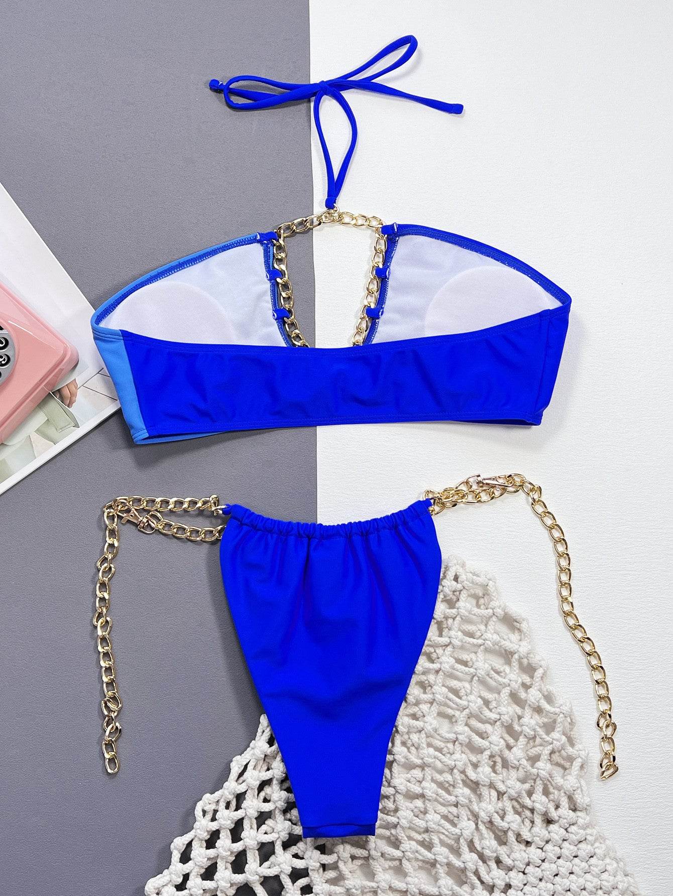 Chain Detail Halter Neck Bikini Set - Hovatok