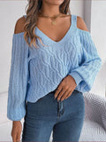 Cable-Knit Cold Shoulder Long Sleeve Sweater - Hovatok