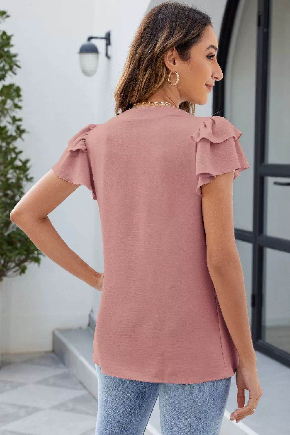 Ruffled Notched Short Sleeve Blouse - Hovatok